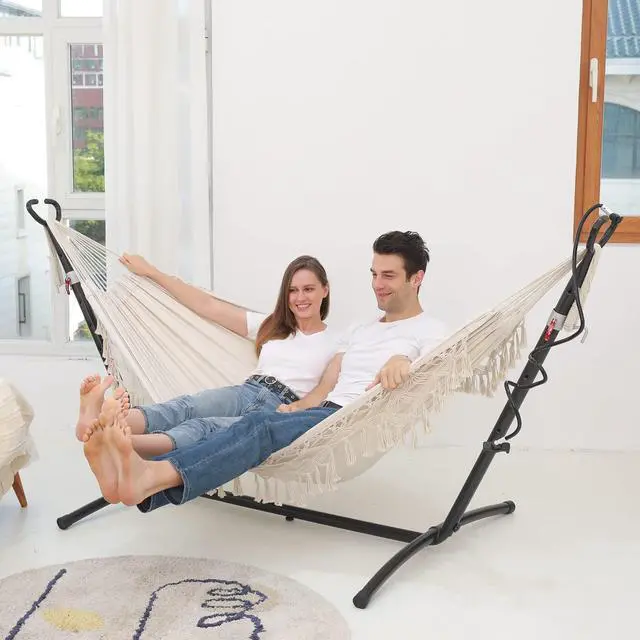 Alt view image 4 of 7 - SXSEAGLE Hammock Hanging Swing Double Max 500lbs Macrame for Indoor Outdoor Patio Yard Garden (Black Gray)