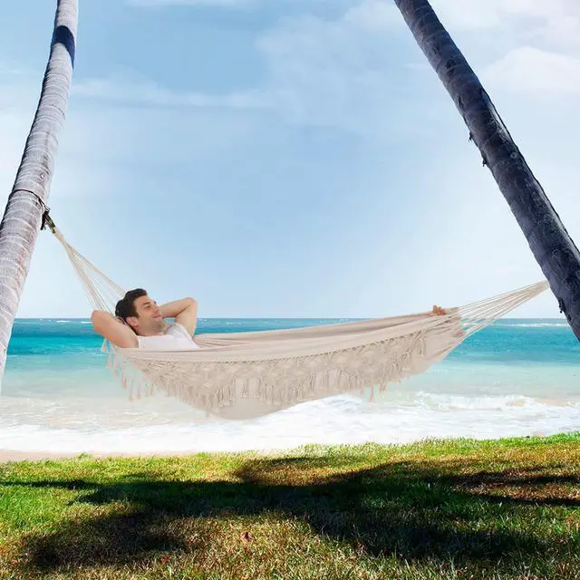 Alt view image 7 of 7 - SXSEAGLE Hammock Hanging Swing Double Max 500lbs Macrame for Indoor Outdoor Patio Yard Garden (Black Gray)