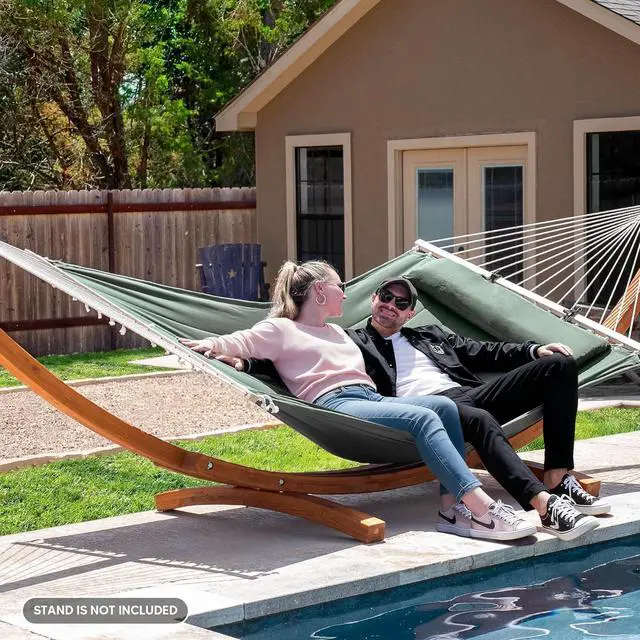 Alt view image 2 of 7 - SUNCREAT Double Hammock for 2 Person, Extra Large Outdoor Portable Hammock with Hardwood Spreader Bar, Soft Pillow, 475 lbs Capacity, Gray Green