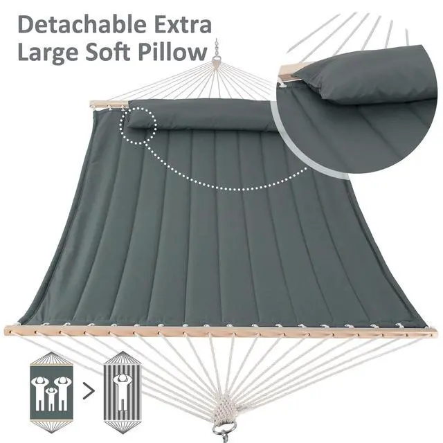 Alt view image 3 of 7 - SUNCREAT Double Hammock for 2 Person, Extra Large Outdoor Portable Hammock with Hardwood Spreader Bar, Soft Pillow, 475 lbs Capacity, Gray Green