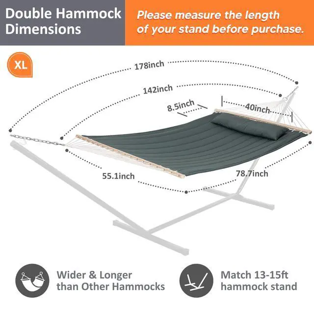 Alt view image 5 of 7 - SUNCREAT Double Hammock for 2 Person, Extra Large Outdoor Portable Hammock with Hardwood Spreader Bar, Soft Pillow, 475 lbs Capacity, Gray Green