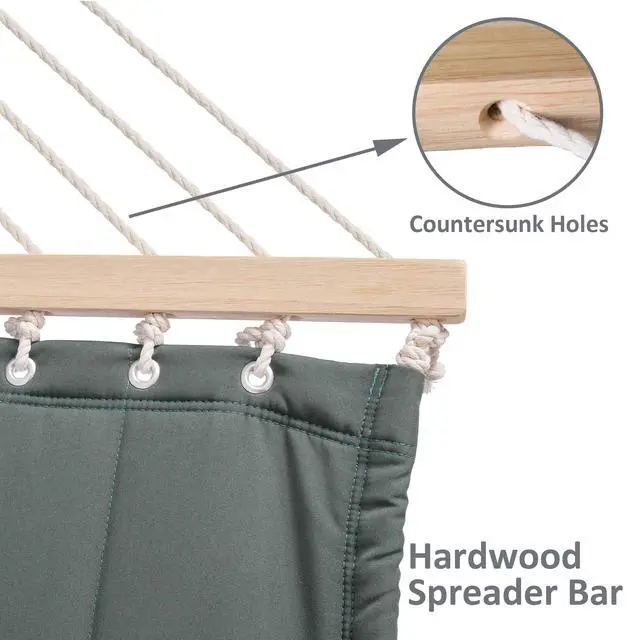 Alt view image 4 of 7 - SUNCREAT Double Hammock for 2 Person, Extra Large Outdoor Portable Hammock with Hardwood Spreader Bar, Soft Pillow, 475 lbs Capacity, Gray Green