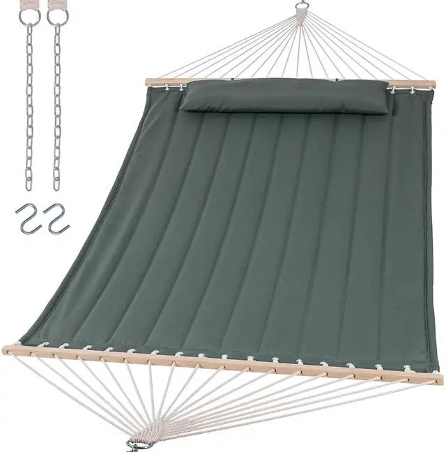Main image of SUNCREAT Double Hammock for 2 Person, Extra Large Outdoor Portable Hammock with Hardwood Spreader Bar, Soft Pillow, 475 lbs Capacity, Gray Green