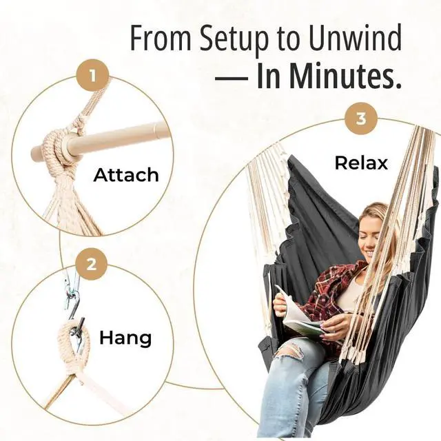 Alt view image 3 of 7 - Hanging Hammock Chair Swing Hanging Chair Outdoor & Indoor - Hammock Swing Chair Quick & Easy Setup with Hardware Kit Durable & Spacious Full Body Support Holds 440 Lbs
