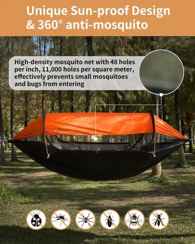 Alt view image 3 of 7 - Travel Bird Camping Hammock Tent with Mosquito Net and Sunshade, Extra Large for 2 Person, Lightweight Hanging Hammocks Tree Straps, Bivvy Ground Tent for Outside, Hiking, and Travel