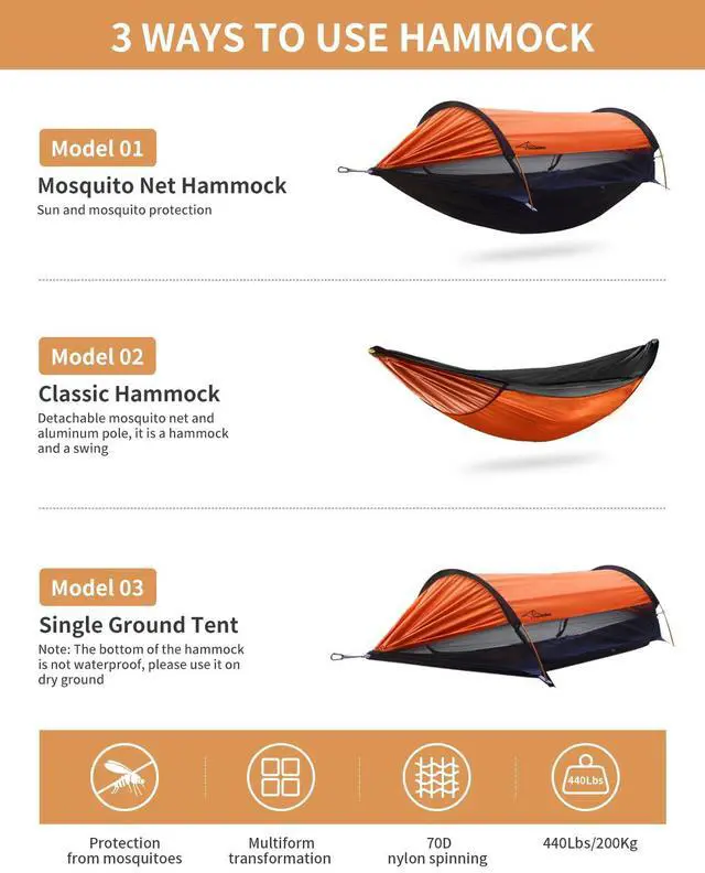 Alt view image 2 of 7 - Travel Bird Camping Hammock Tent with Mosquito Net and Sunshade, Extra Large for 2 Person, Lightweight Hanging Hammocks Tree Straps, Bivvy Ground Tent for Outside, Hiking, and Travel