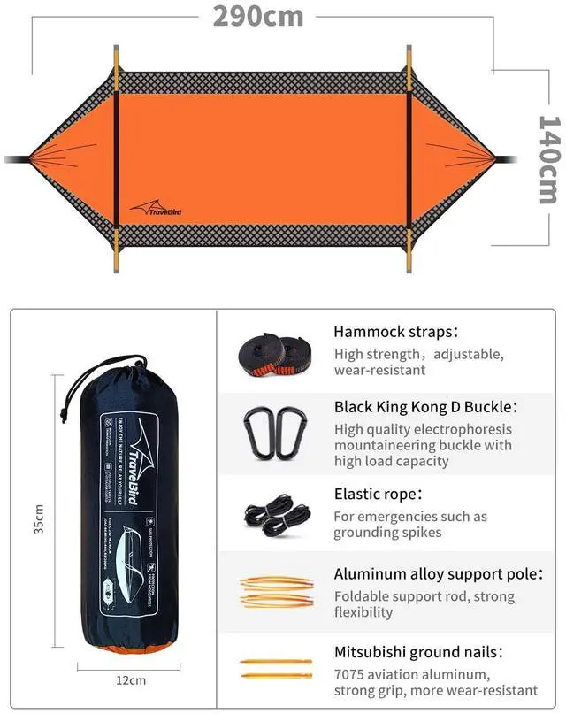 Alt view image 7 of 7 - Travel Bird Camping Hammock Tent with Mosquito Net and Sunshade, Extra Large for 2 Person, Lightweight Hanging Hammocks Tree Straps, Bivvy Ground Tent for Outside, Hiking, and Travel