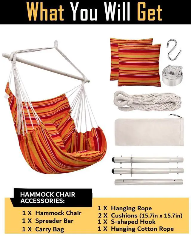 Alt view image 7 of 7 - ADVOKAIR Hammock Chair Hanging Chair Swing Large Indoor with Anti-Slip Steel Spread Bar and Pocket-Max 500lbs-2 Cushions, Perfect for Bedroom,Outdoor,Patio, Porch,Backyard