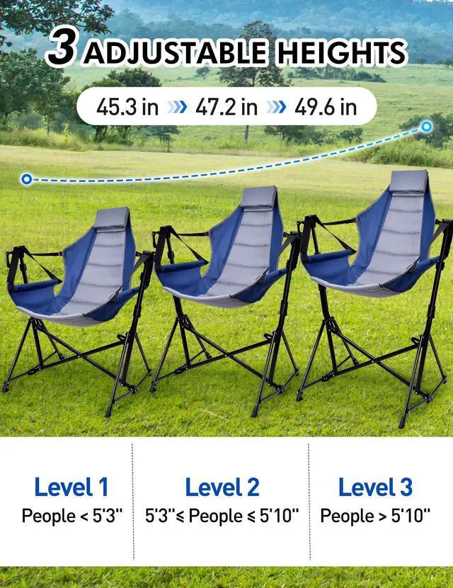 Alt view image 2 of 7 - Docusvect Hammock Camping Chair - 3 Heights Portable Hammock Chair Camping with Adjustable Backrest, Headrest, Padded Seat, Cup Holder - 450 LBS Heavy Duty