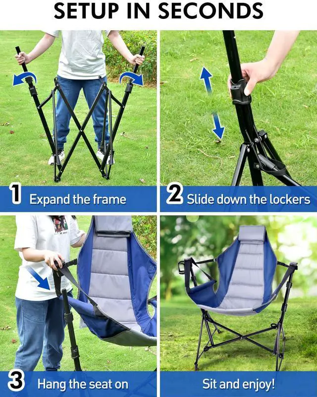 Alt view image 7 of 7 - Docusvect Hammock Camping Chair - 3 Heights Portable Hammock Chair Camping with Adjustable Backrest, Headrest, Padded Seat, Cup Holder - 450 LBS Heavy Duty
