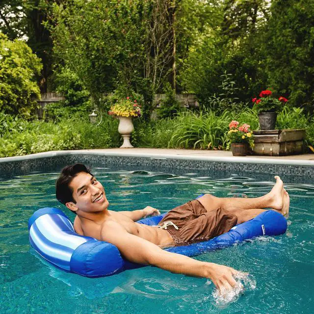 Alt view image 3 of 7 - Big Joe Kona Hammock No Inflation Needed Pool Lounger with Headrest, Blurred Blue Double Sided Mesh, Quick Draining Fabric, 4 feet Big