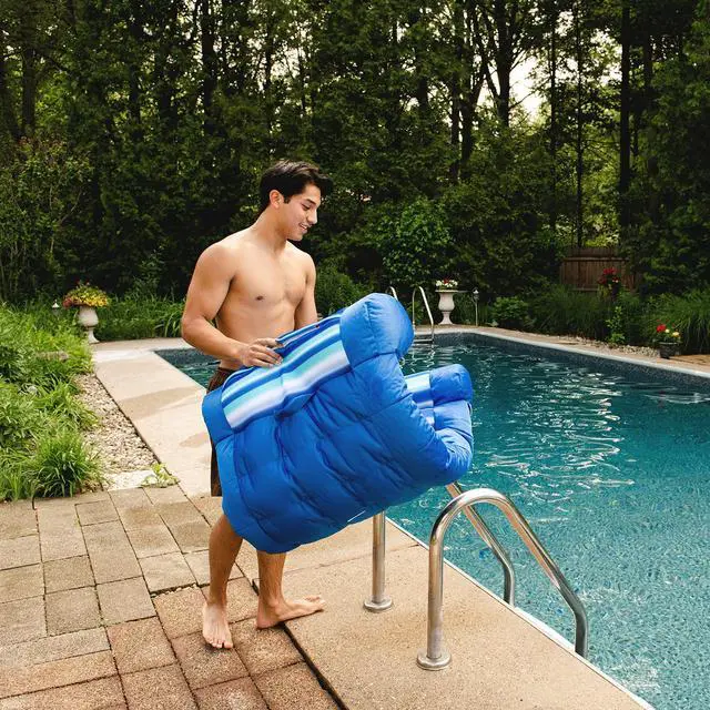 Alt view image 4 of 7 - Big Joe Kona Hammock No Inflation Needed Pool Lounger with Headrest, Blurred Blue Double Sided Mesh, Quick Draining Fabric, 4 feet Big
