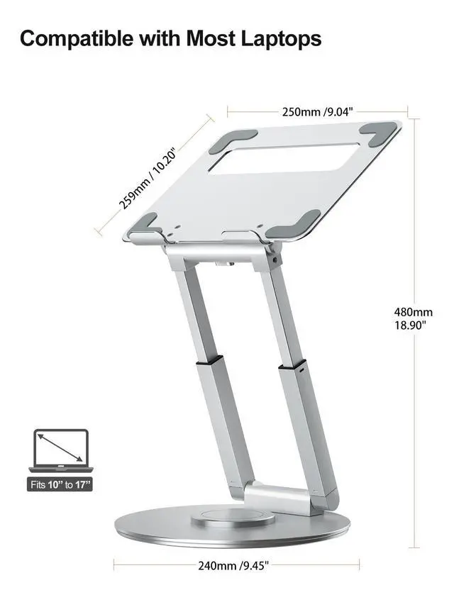 Alt view image 4 of 7 - tounee Telescopic Laptop Stand for Desk with 360° Swivel Base, Sit to Stand, Height Adjustable, Portable Riser Holder for Good Posture, Compatible with All Laptops 10-17"-Silver