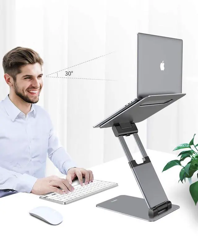 Alt view image 2 of 7 - Nulaxy Height Adjustable Laptop Stand for Desk, Dual Foldable Aluminum Computer Riser, Pull Out Design Ergonomic Sit to Notebook Holder Convertor, Compatible with All 10-17" Laptops, Tablets, Gray