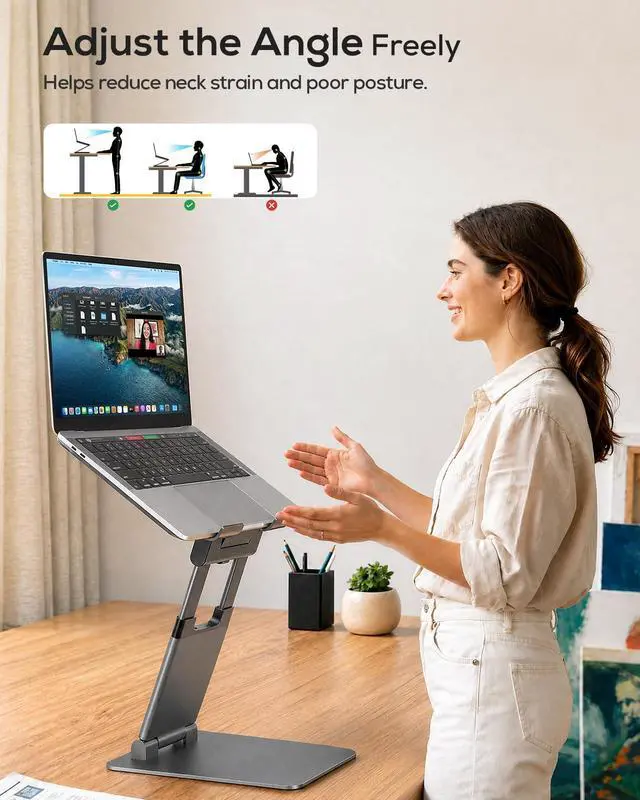 Alt view image 3 of 7 - Nulaxy Height Adjustable Laptop Stand for Desk, Dual Foldable Aluminum Computer Riser, Pull Out Design Ergonomic Sit to Notebook Holder Convertor, Compatible with All 10-17" Laptops, Tablets, Gray