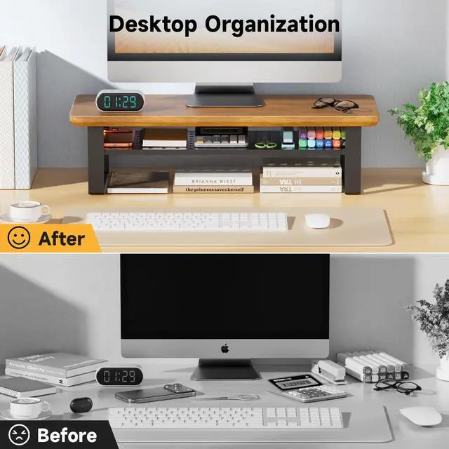 Alt view image 3 of 7 - NestNeat Monitor Stand Riser, 24 Inch Computer Monitor Stand for Desk, 2-Tier Wood Desk Shelf Organizer with Storage, Desktop Stand for Laptop/Screen/PC/Printer, Ergonomic Home Office Monitor Stand