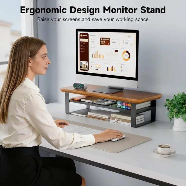 Alt view image 6 of 7 - NestNeat Monitor Stand Riser, 24 Inch Computer Monitor Stand for Desk, 2-Tier Wood Desk Shelf Organizer with Storage, Desktop Stand for Laptop/Screen/PC/Printer, Ergonomic Home Office Monitor Stand