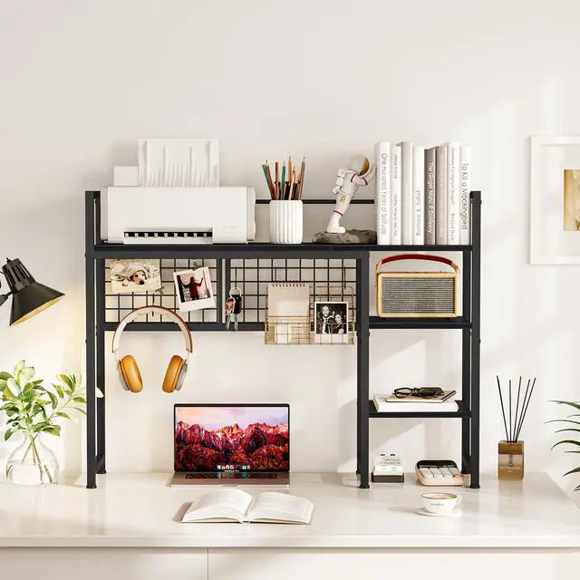 Alt view image 3 of 7 - Snughome Desk Shelf, 38.6" Desktop Organizer Shelf, Desk Hutch for Computer Monitor, 4 Tier Desk Display Rack with Pegboard Hooks Set, Wood Desktop Bookshelf for Home Office Dorm, Black
