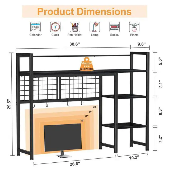 Alt view image 4 of 7 - Snughome Desk Shelf, 38.6" Desktop Organizer Shelf, Desk Hutch for Computer Monitor, 4 Tier Desk Display Rack with Pegboard Hooks Set, Wood Desktop Bookshelf for Home Office Dorm, Black