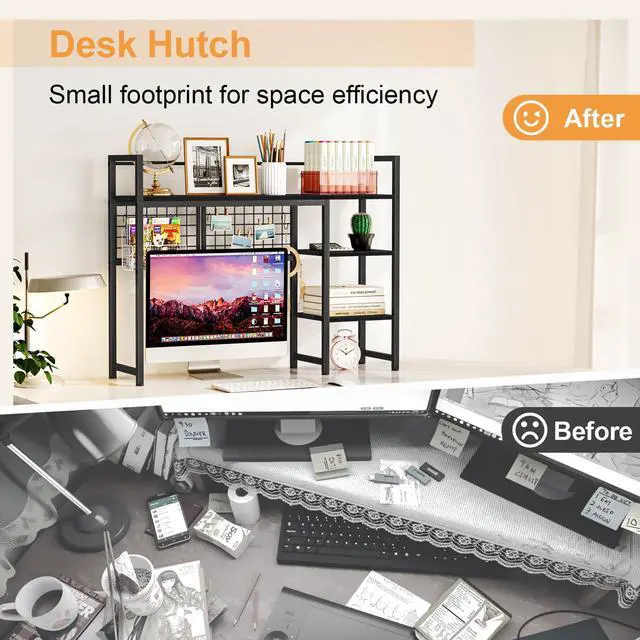 Alt view image 7 of 7 - Snughome Desk Shelf, 38.6" Desktop Organizer Shelf, Desk Hutch for Computer Monitor, 4 Tier Desk Display Rack with Pegboard Hooks Set, Wood Desktop Bookshelf for Home Office Dorm, Black