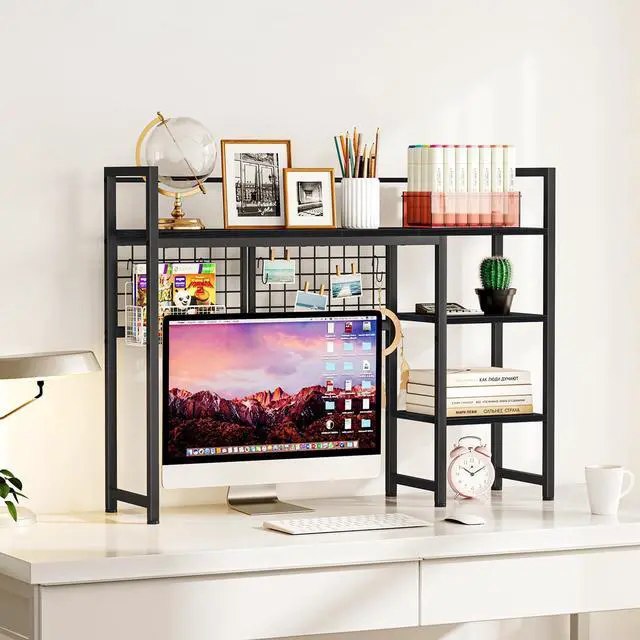 Alt view image 2 of 7 - Snughome Desk Shelf, 38.6" Desktop Organizer Shelf, Desk Hutch for Computer Monitor, 4 Tier Desk Display Rack with Pegboard Hooks Set, Wood Desktop Bookshelf for Home Office Dorm, Black