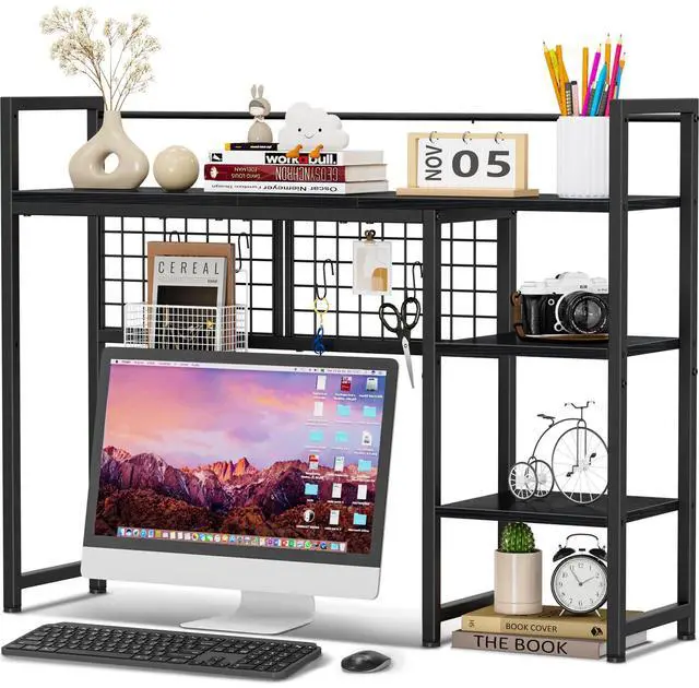 Main image of Snughome Desk Shelf, 38.6" Desktop Organizer Shelf, Desk Hutch for Computer Monitor, 4 Tier Desk Display Rack with Pegboard Hooks Set, Wood Desktop Bookshelf for Home Office Dorm, Black
