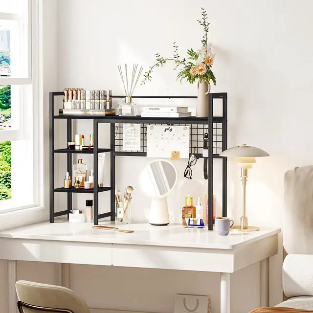 Alt view image 5 of 7 - Snughome Desk Shelf, 38.6" Desktop Organizer Shelf, Desk Hutch for Computer Monitor, 4 Tier Desk Display Rack with Pegboard Hooks Set, Wood Desktop Bookshelf for Home Office Dorm, Black