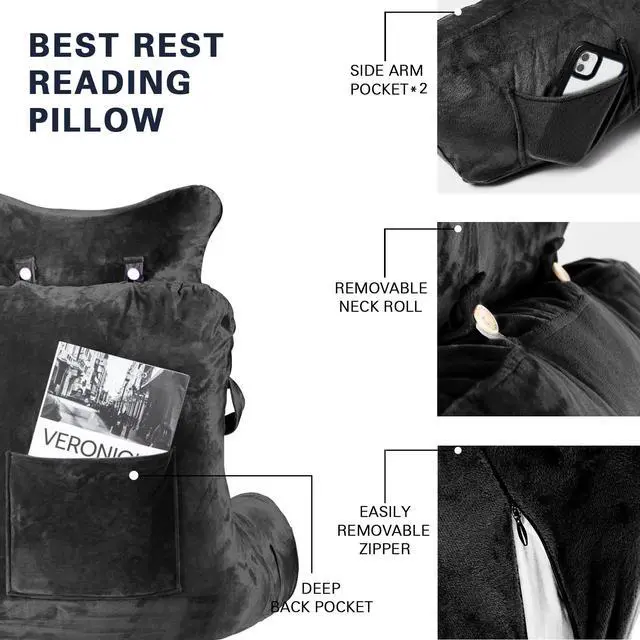 Alt view image 6 of 6 - Reading Pillow-Extra Large 31" Bed Rest Pillow with Detachable Neck Roll & Arms for Sitting in Bed or Couch-Backrest Reading Pillow Adult Back Pillows for Reading,Watching TV,Gaming,Relaxing-Black