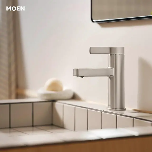 Alt view image 2 of 7 - Moen Beric Spot Resist Nickel Modern One-Handle Single Hole Bathroom Faucet with Drain Assembly and Optional Deckplate for Your Bath Sink, 84774SRN