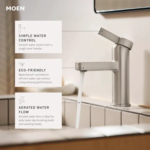 Alt view image 7 of 7 - Moen Beric Spot Resist Nickel Modern One-Handle Single Hole Bathroom Faucet with Drain Assembly and Optional Deckplate for Your Bath Sink, 84774SRN