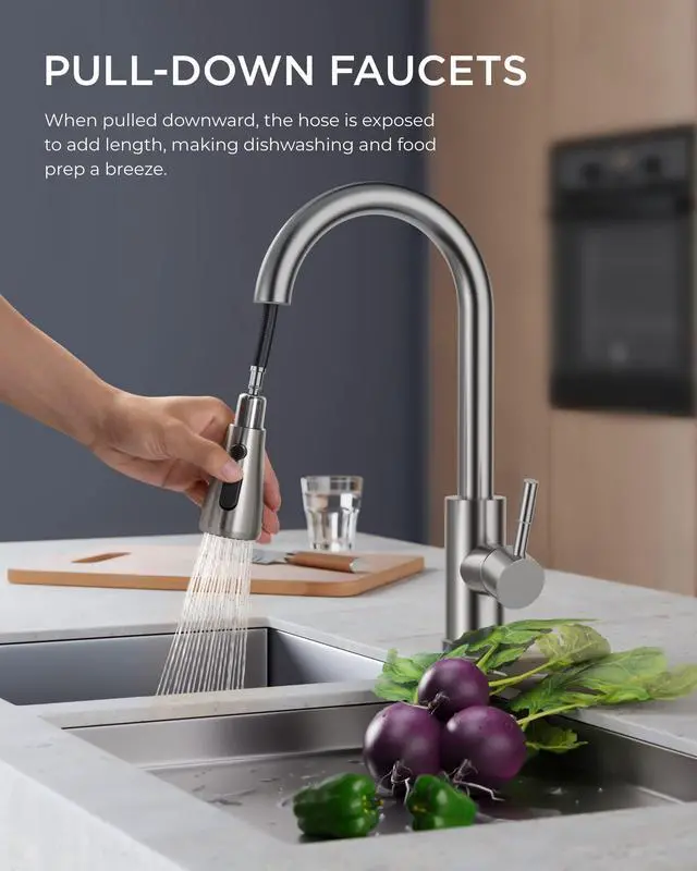 Alt view image 2 of 7 - FORIOUS Kitchen Faucets with Pull Down Sprayer, Brushed Nickel, High Arc Single Handle Classic Stainless Steel Sink Faucet 1 or 3 Hole, Suitable for Farmhouse Camper Laundry Rv Bar