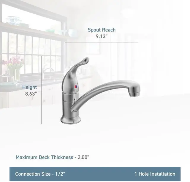 Alt view image 2 of 6 - Moen Chateau Chrome One-Handle Single Hole Low Arc Standard Kitchen Faucet, 7423