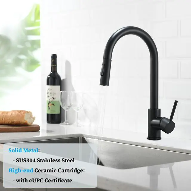 Alt view image 2 of 7 - Havin Black Kitchen Faucet with Pull Down Sprayer, High Arc Stainless Steel Material, with cUPC Ceramic Cartridge,Without Deck Plate,Fit for 1 Kitchen or Laundry or Bar Sink Faucet,Matte Black