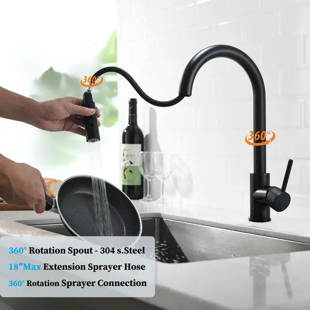 Alt view image 3 of 7 - Havin Black Kitchen Faucet with Pull Down Sprayer, High Arc Stainless Steel Material, with cUPC Ceramic Cartridge,Without Deck Plate,Fit for 1 Kitchen or Laundry or Bar Sink Faucet,Matte Black