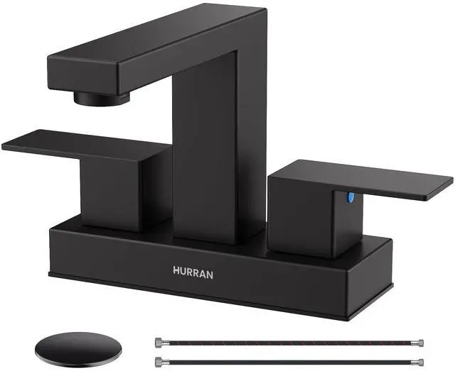 Main image of Matte Black Bathroom Sink Faucet, Hurran 4 inch Bathroom Faucets for Sink 3 Hole with Pop-up Drain and Supply Lines, Stainless Steel 2-Handle Faucet for Vanity RV Restroom