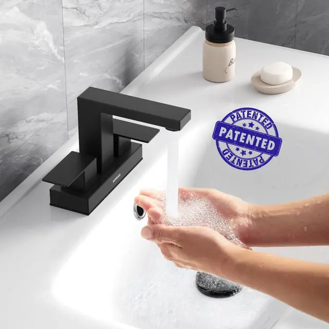 Alt view image 2 of 7 - Matte Black Bathroom Sink Faucet, Hurran 4 inch Bathroom Faucets for Sink 3 Hole with Pop-up Drain and Supply Lines, Stainless Steel 2-Handle Faucet for Vanity RV Restroom