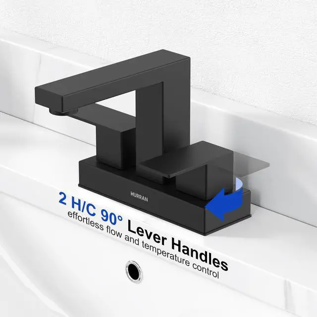 Alt view image 3 of 7 - Matte Black Bathroom Sink Faucet, Hurran 4 inch Bathroom Faucets for Sink 3 Hole with Pop-up Drain and Supply Lines, Stainless Steel 2-Handle Faucet for Vanity RV Restroom