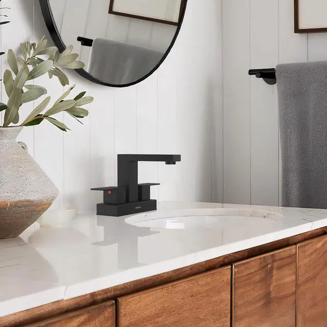 Alt view image 7 of 7 - Matte Black Bathroom Sink Faucet, Hurran 4 inch Bathroom Faucets for Sink 3 Hole with Pop-up Drain and Supply Lines, Stainless Steel 2-Handle Faucet for Vanity RV Restroom