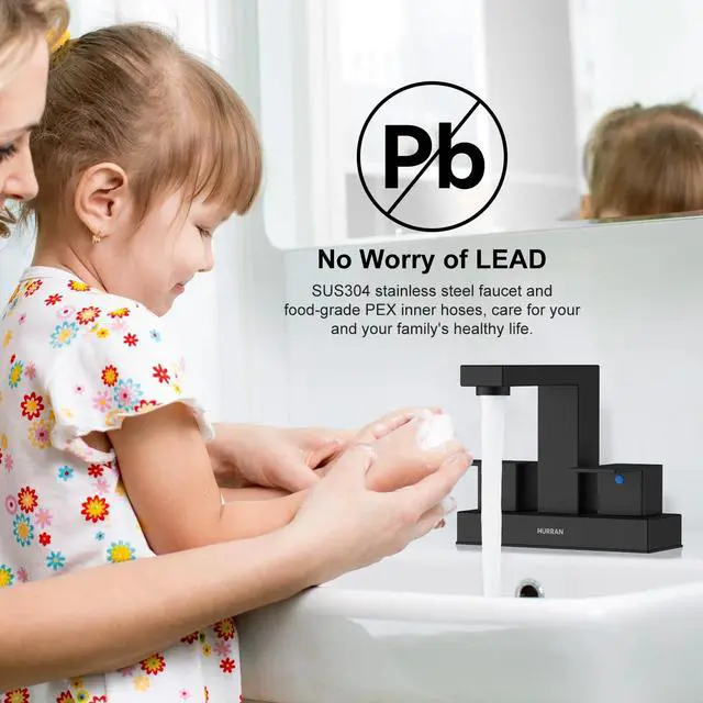 Alt view image 6 of 7 - Matte Black Bathroom Sink Faucet, Hurran 4 inch Bathroom Faucets for Sink 3 Hole with Pop-up Drain and Supply Lines, Stainless Steel 2-Handle Faucet for Vanity RV Restroom