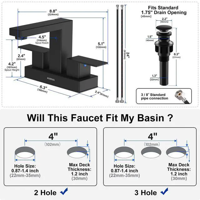 Alt view image 5 of 7 - Matte Black Bathroom Sink Faucet, Hurran 4 inch Bathroom Faucets for Sink 3 Hole with Pop-up Drain and Supply Lines, Stainless Steel 2-Handle Faucet for Vanity RV Restroom