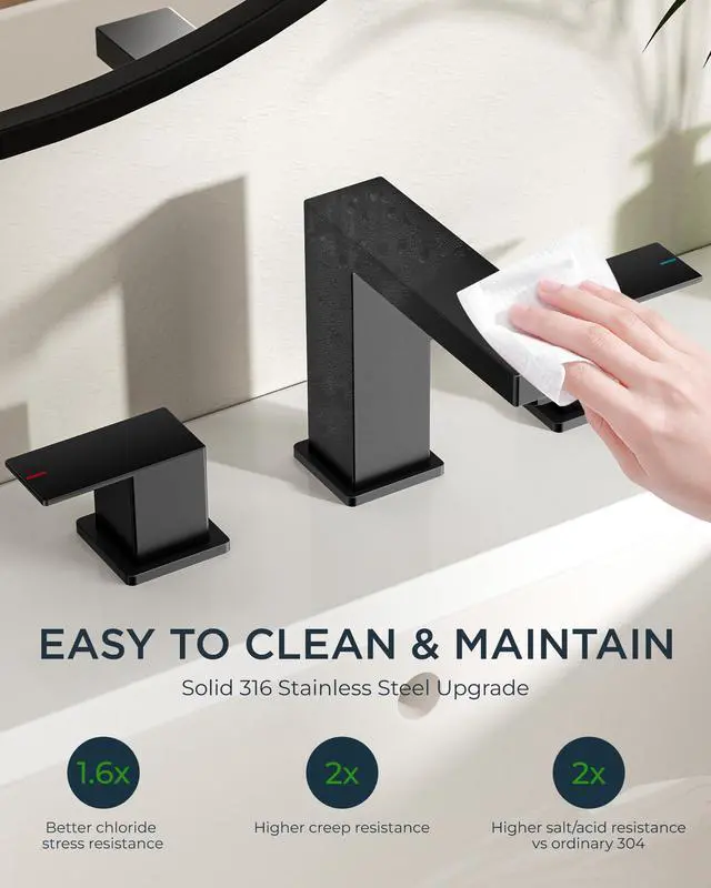 Alt view image 6 of 7 - FORIOUS Black Bathroom Faucet 3 Hole, Matte Black Bathroom Sink Faucet 8 Inch Widespread, 2 Handle for Restroom Sink with Pop Up Drain, CUPC Supply Hose and Spare Water Saving Aerator, Vanity 3 Holes