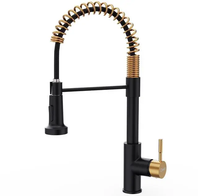 Main image of GIMILI Black and Gold Kitchen Faucet with Pull Down Sprayer Single Hole Stainless Steel Sink Faucet, Suitable for Farmhouses, RV, Laundry Room, Outdoor, and Campers. Llave para fregadero de cocina