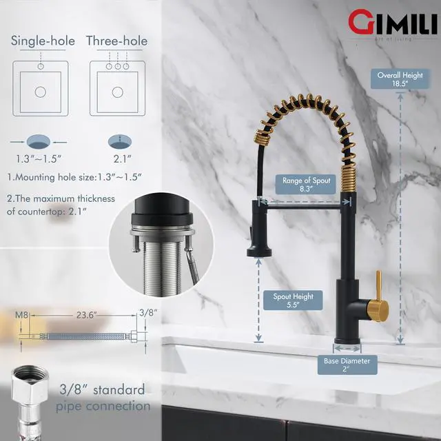 Alt view image 2 of 6 - GIMILI Black and Gold Kitchen Faucet with Pull Down Sprayer Single Hole Stainless Steel Sink Faucet, Suitable for Farmhouses, RV, Laundry Room, Outdoor, and Campers. Llave para fregadero de cocina