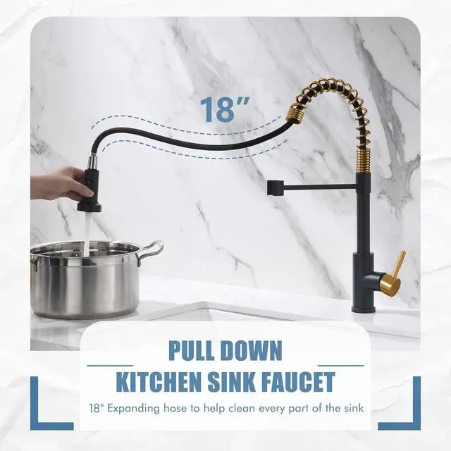 Alt view image 3 of 6 - GIMILI Black and Gold Kitchen Faucet with Pull Down Sprayer Single Hole Stainless Steel Sink Faucet, Suitable for Farmhouses, RV, Laundry Room, Outdoor, and Campers. Llave para fregadero de cocina