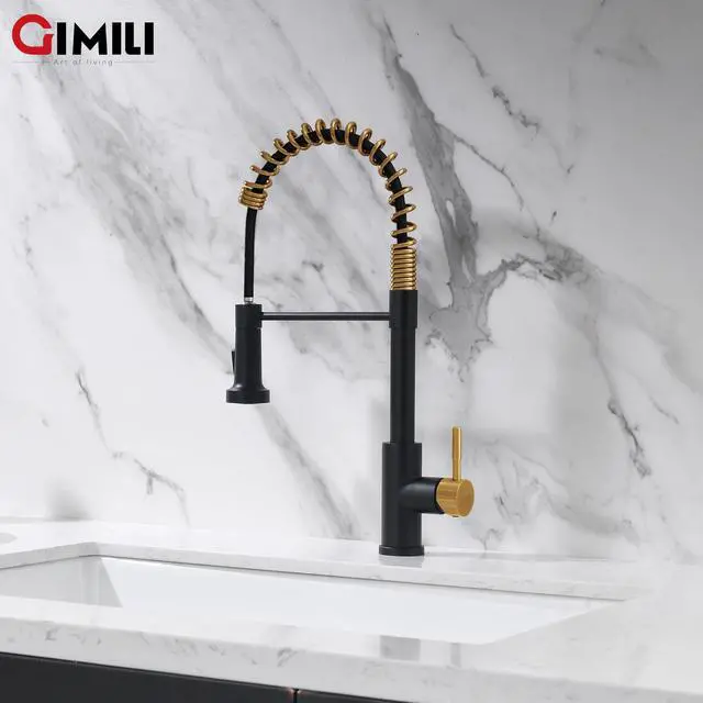 Alt view image 6 of 6 - GIMILI Black and Gold Kitchen Faucet with Pull Down Sprayer Single Hole Stainless Steel Sink Faucet, Suitable for Farmhouses, RV, Laundry Room, Outdoor, and Campers. Llave para fregadero de cocina