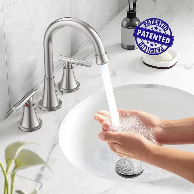 Alt view image 2 of 7 - Bathroom Faucets for Sink 3 Hole, Hurran Brushed Nickel Bathroom Sink Faucet with Pop-up Drain and Supply Lines, Stainless Steel Lead-Free Widespread Faucet for Vanity RV Farmhouse Sink