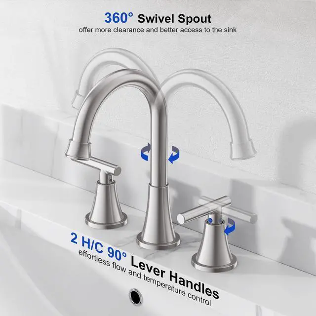 Alt view image 3 of 7 - Bathroom Faucets for Sink 3 Hole, Hurran Brushed Nickel Bathroom Sink Faucet with Pop-up Drain and Supply Lines, Stainless Steel Lead-Free Widespread Faucet for Vanity RV Farmhouse Sink