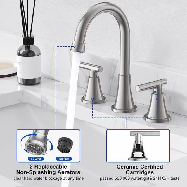 Alt view image 4 of 7 - Bathroom Faucets for Sink 3 Hole, Hurran Brushed Nickel Bathroom Sink Faucet with Pop-up Drain and Supply Lines, Stainless Steel Lead-Free Widespread Faucet for Vanity RV Farmhouse Sink