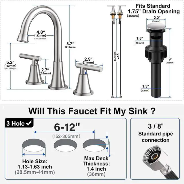 Alt view image 5 of 7 - Bathroom Faucets for Sink 3 Hole, Hurran Brushed Nickel Bathroom Sink Faucet with Pop-up Drain and Supply Lines, Stainless Steel Lead-Free Widespread Faucet for Vanity RV Farmhouse Sink