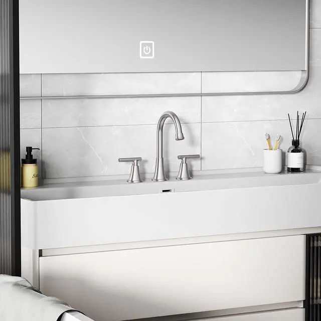 Alt view image 6 of 7 - Bathroom Faucets for Sink 3 Hole, Hurran Brushed Nickel Bathroom Sink Faucet with Pop-up Drain and Supply Lines, Stainless Steel Lead-Free Widespread Faucet for Vanity RV Farmhouse Sink